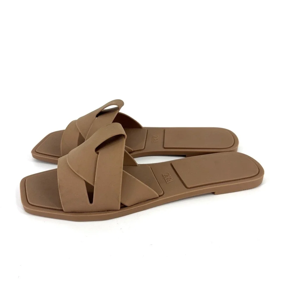 Zara Slip-on Sandals Womens 9-9.5 EU 40 Tan Rubber Slide - Picture 4 of 6